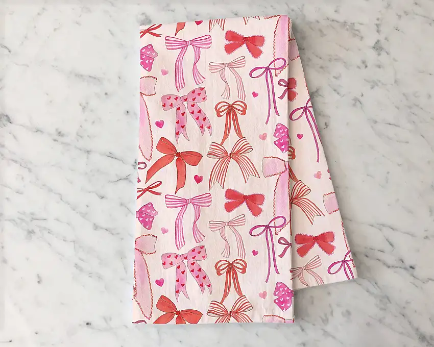 Pink Bows Valentine's Tea Towel