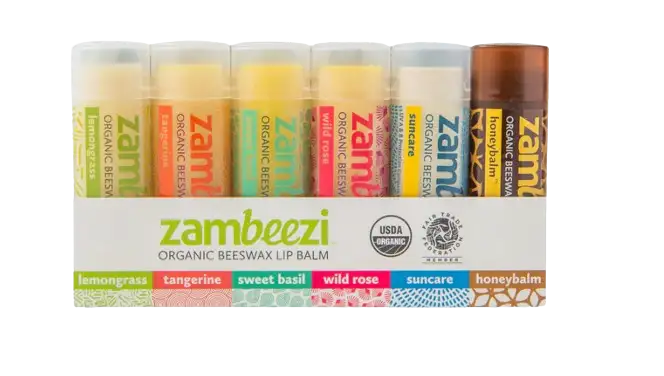 Zambeezi Variety (Lemongrass, Tangerine, Wild Rose, Sweet Basil, Suncare, Honeybalm) Lip Balm 6-Pack - 0.15 OZ 10 Pack