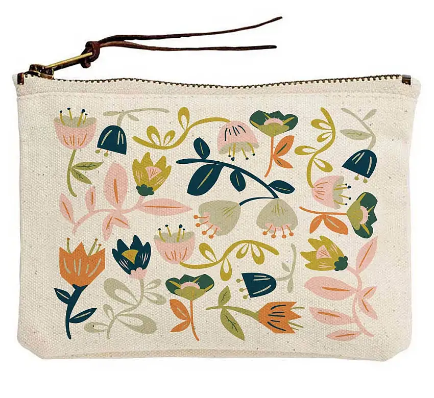 Floral Vines Navy & Peach Canvas Pouch