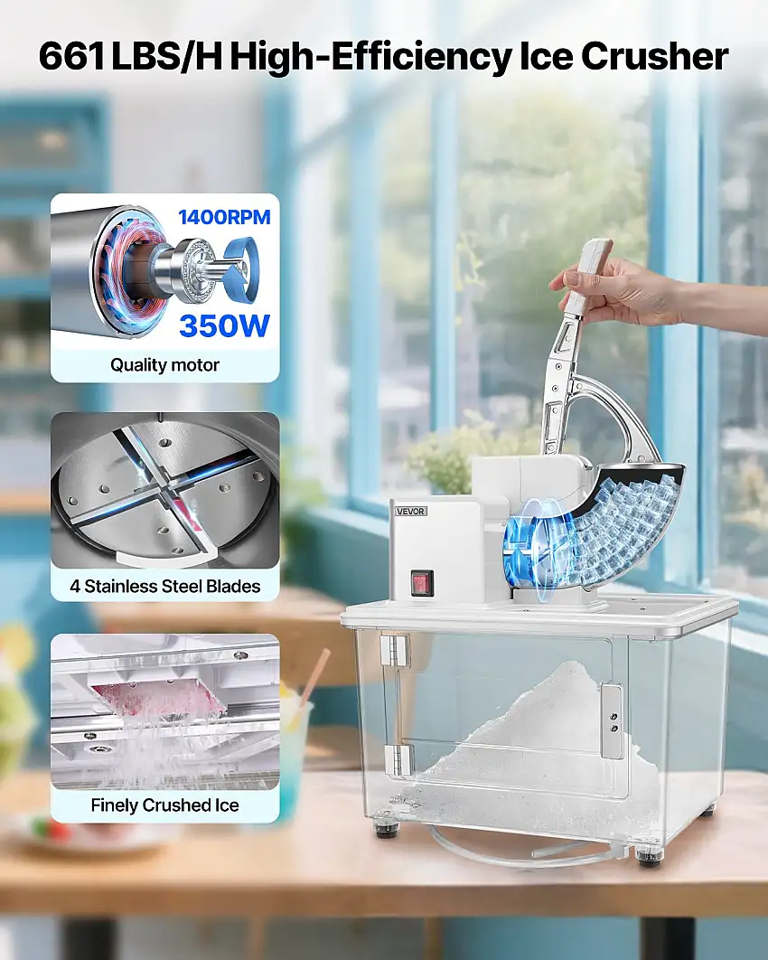 Commercial Ice Crusher 661LBS/H Electric Snow Cone Maker Shaved Ice White