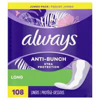 Always, Daily Liners - Anti-Bunch Xtra Protection Daily Liners, Long, Unscented, 108 CT