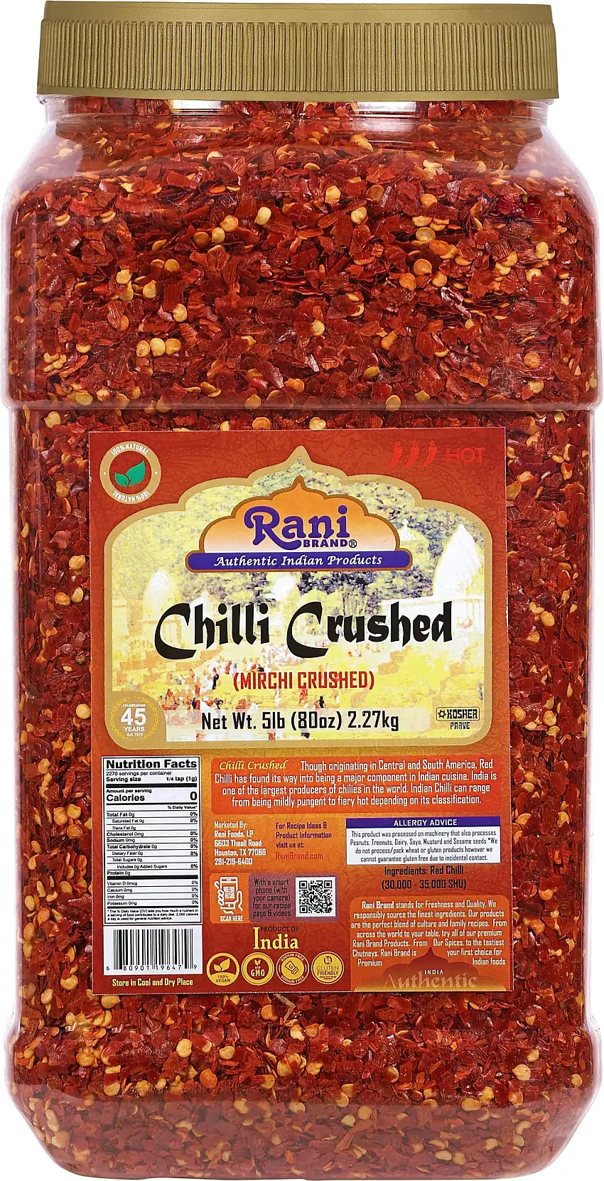 Rani Crushed Red Pepper Flakes Chilli (Pizza Type Cut) 80oz (5lbs) 2.27kg Bulk PET Jar ~ All Natural, No Color added, Gluten Friendly | Vegan | NON-GMO | Kosher | No Salt or fillers