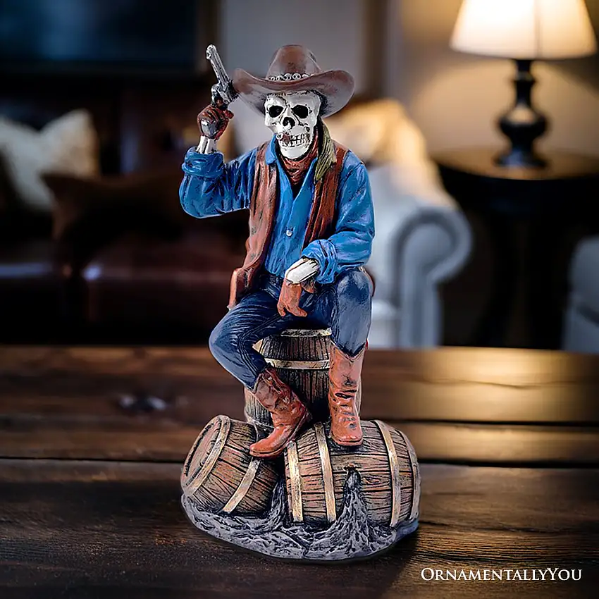 Western Skeleton Gunslinger Statue Figurine, 10" Gothic Cowboy Wild West Home Decor