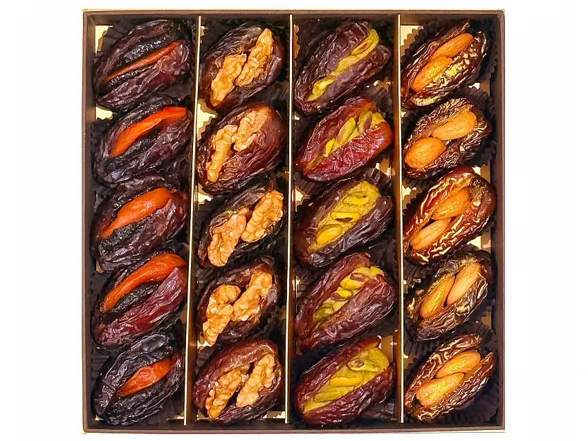 Elegance Fresh Organic California Assorted Stuffed Medjool Dates In Golden Box (Khorma)