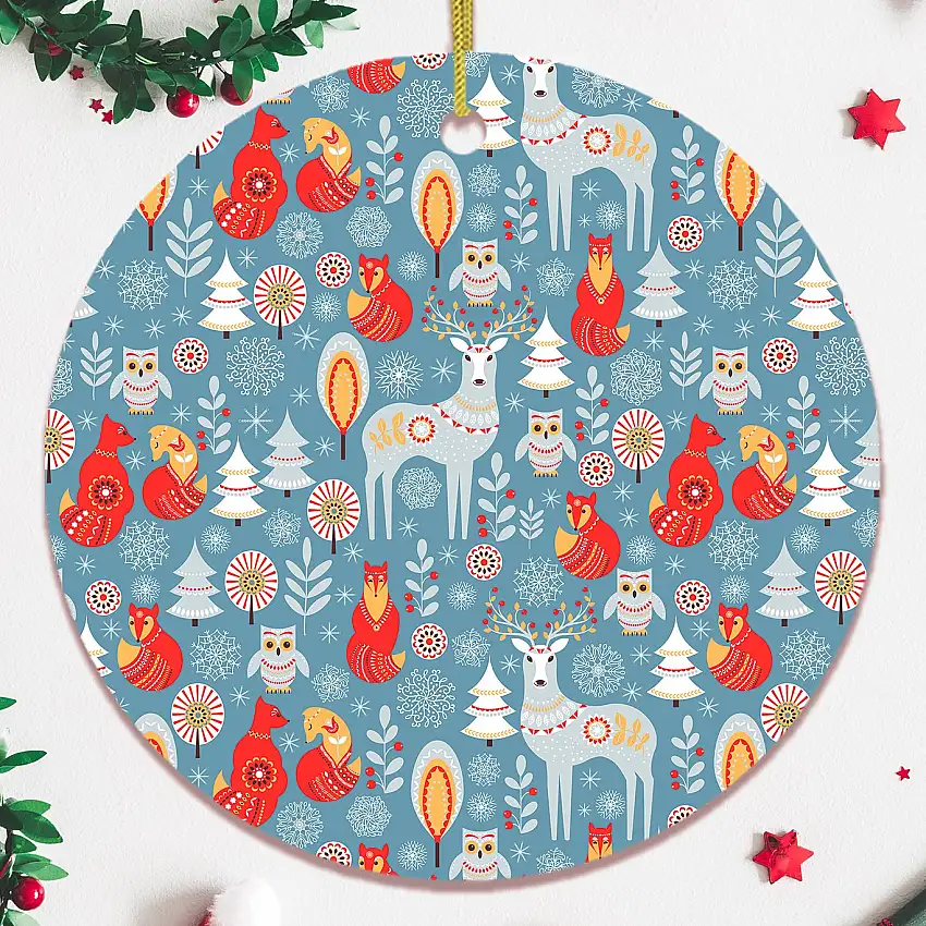 Scandinavian Folk Forest Animal Pattern Christmas Ornament, Deer, Fox, and Owl
