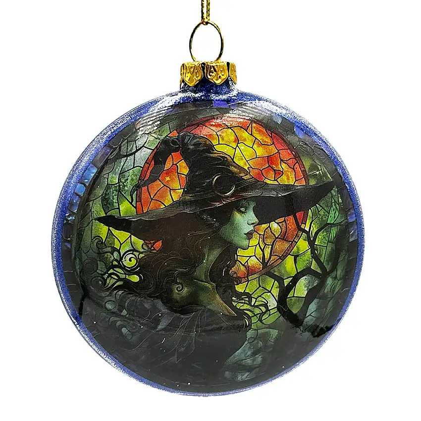 Witch and Black Cat Stained Glass Handblown Ornament, Spooky Halloween and Christmas Tree Decor
