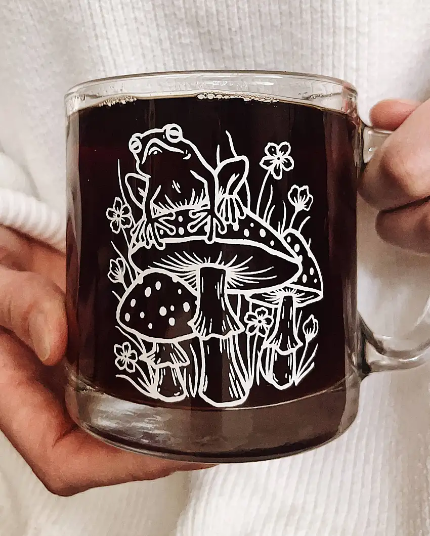 Frog on Mushroom Glass Mug