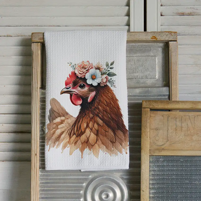 Flower-Crowned Chicken Kitchen Towel